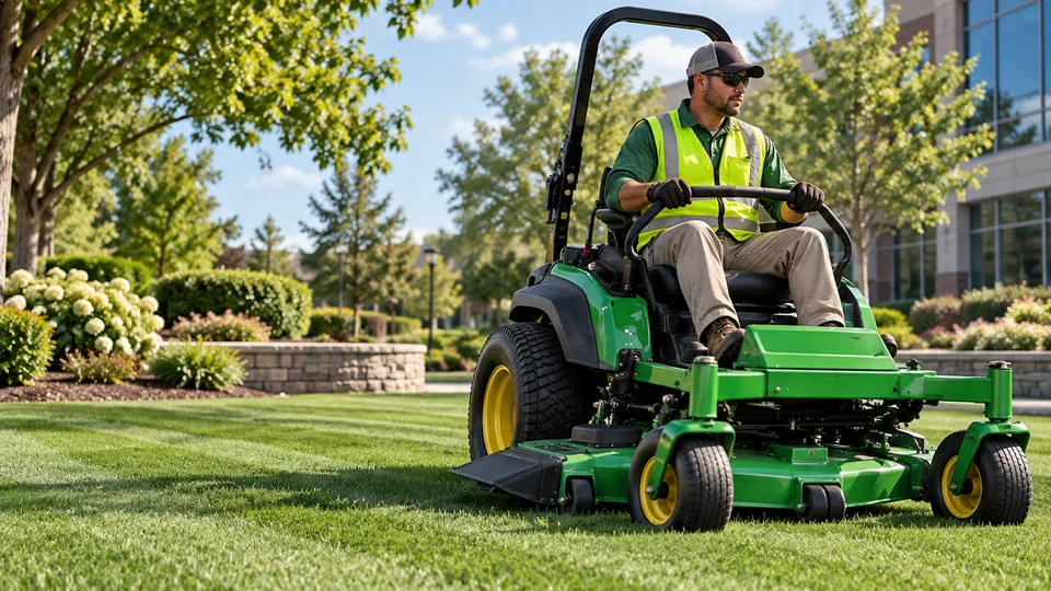Landscaping operator mowing a green commercial property